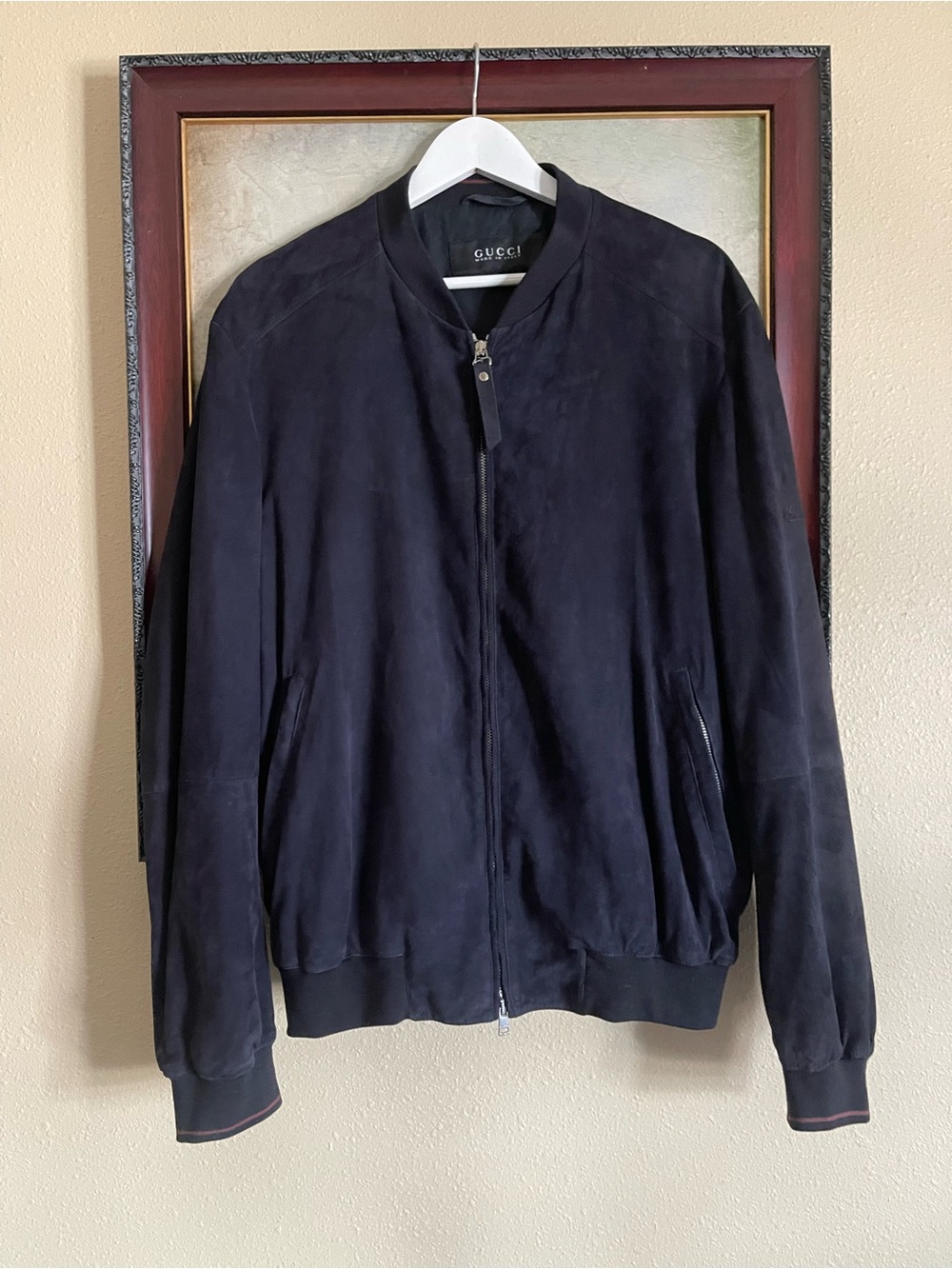 Gucci Black Suede Bomber Jacket — Minimalist Ribbed Trim